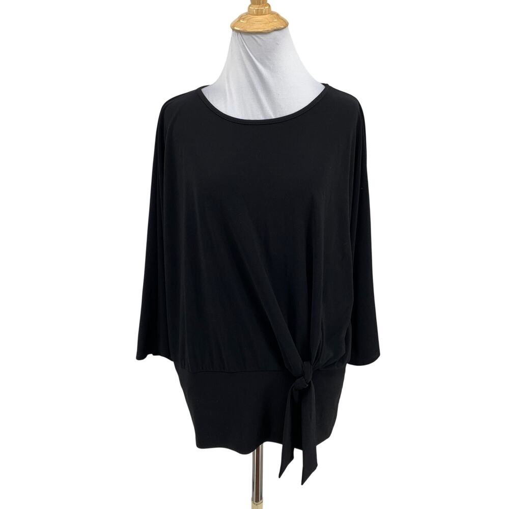 Joseph Ribkoff Blouse Womens 12 Black Dolman Tie Front Wide Banded Hem Boat Neck